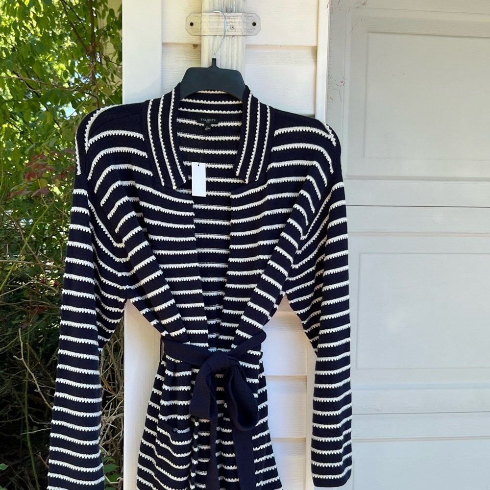 NWT Talbots Pretty Navy Lacey Cream Stripe Open Front Belted Cardigan - Picture 8 of 8